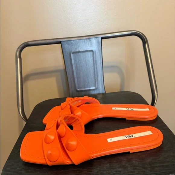 Zara Neon Orange Studded Square Toe Slide Sandals Statement Minimalist EU38 7.5 - Picture 6 of 10